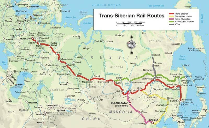 Kaart met routes van de Transsiberië Express