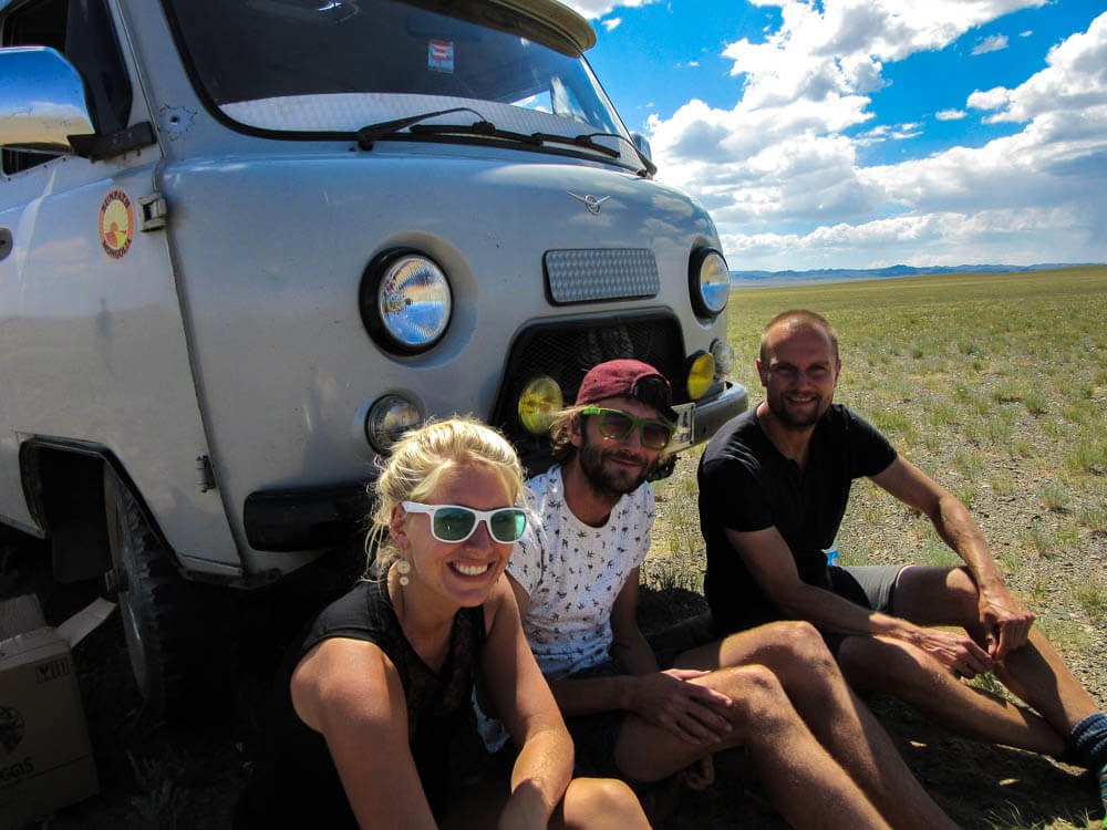 In front of the Russian 4WD van in the Gobi desert in Mongolia