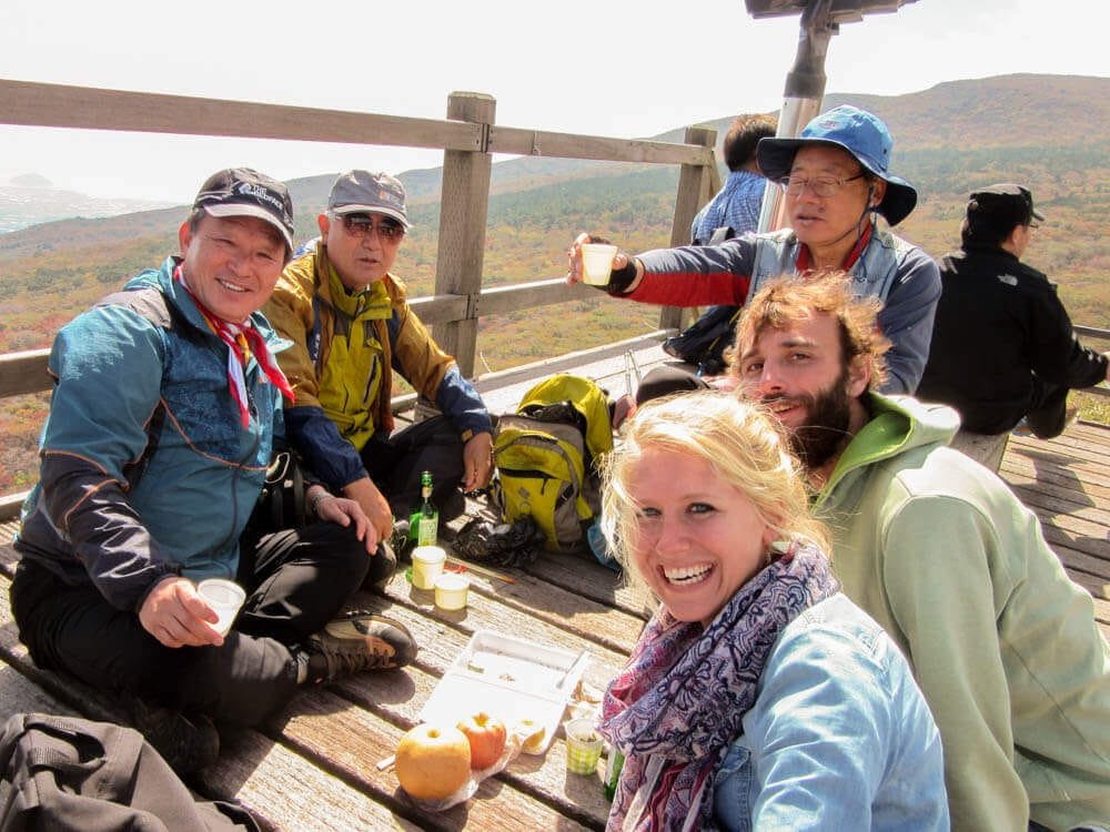 Lunch during a hike in South Korea on top van mount Hallasan