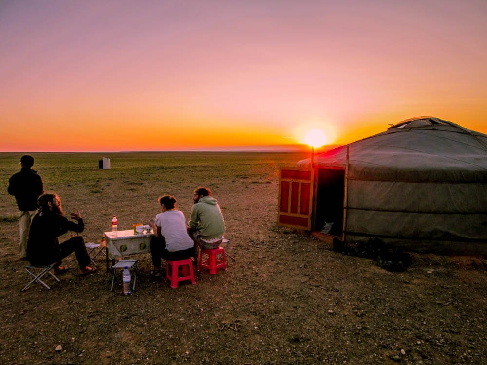 Sunset behind our ger in the Gobi desert in Mongolia